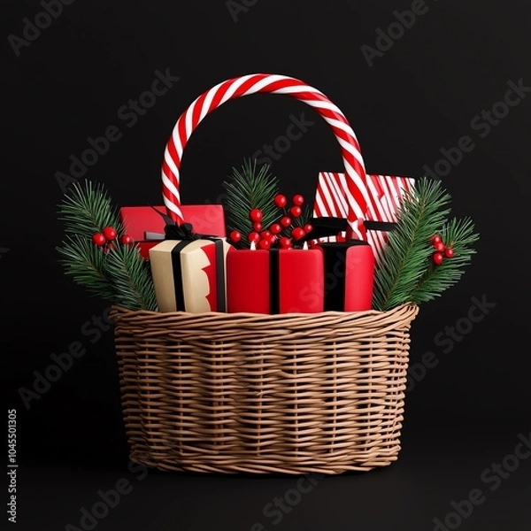 Fototapeta Christmas gift basket with red and green decorations on a black background.