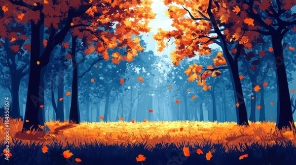 Fototapeta Vibrant autumn forest with orange leaves and soft sunlight filtering through trees.