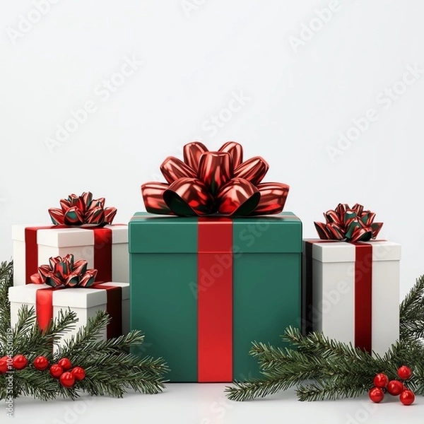 Fototapeta Festive gift boxes with red bows and green accents on a white background.