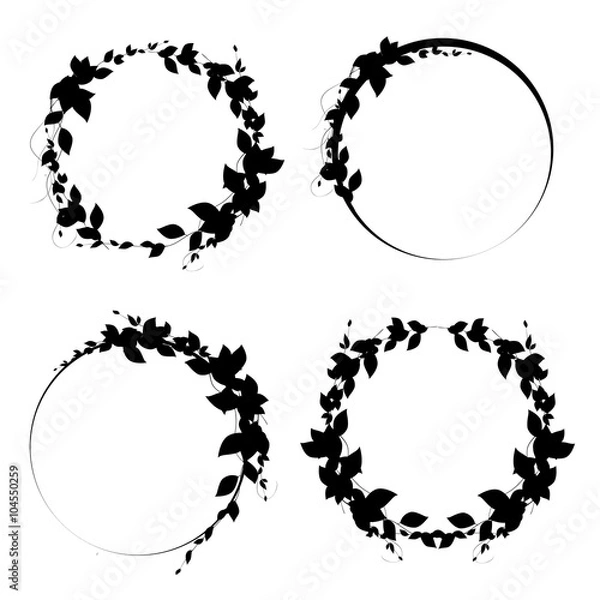 Fototapeta Set of round frames. black framework with leaves. Vector round d