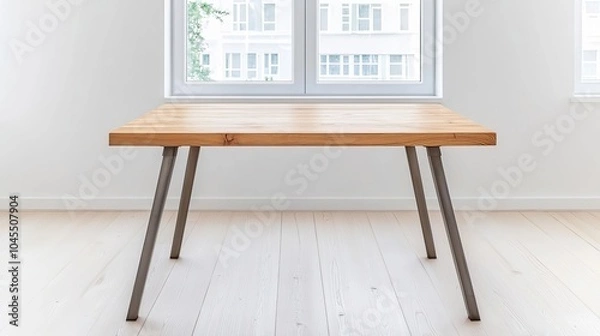 Fototapeta Industrial wooden desk in a creative studio, metal legs, natural light filtering through large windows, artistic workspace with warm wood tones, airy and inspiring setting