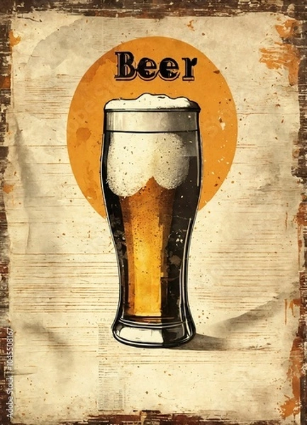 Fototapeta Glass of beer, stylization of retro poster for beer on old paper texture. Stylized illustration of retro poster for beer on old paper texture. Old magazine style. . Poster, card, postcard, label.