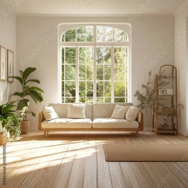 Fototapeta A bright living room with a large window, a white sofa, a wooden floor, and plants.