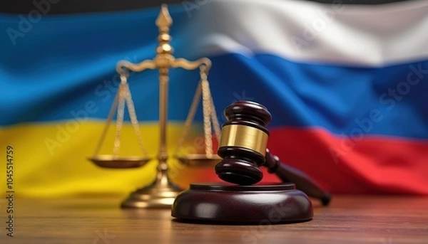 Fototapeta Ukrainian flag on the left and Russian flag on the right lying on table, in the middle above is hat with U.S. flag, gavel lying on table and justice scale