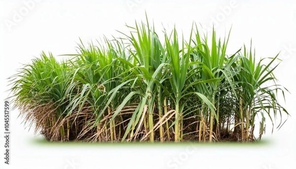 Fototapeta Sugarcane plant cluster, vibrant green, white isolated background.