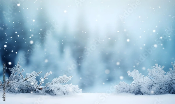Fototapeta Detailed illustration of a winter Christmas frame on a nature background with snowy fir branches, driftwood, blurred forest, falling snow and enough copy space.