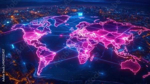 Fototapeta A futuristic world map with neon lines representing the global trade network, glowing across all continents.