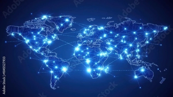 Fototapeta A high-tech world map with glowing blue lines linking various countries, symbolizing interconnected global commerce.
