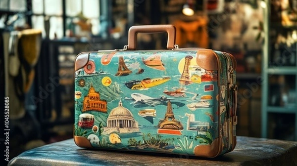 Fototapeta Travel suitcase adorned with colorful travel stickers, showcasing a variety of destinations and themes, emphasizing the spirit of adventure and exploration