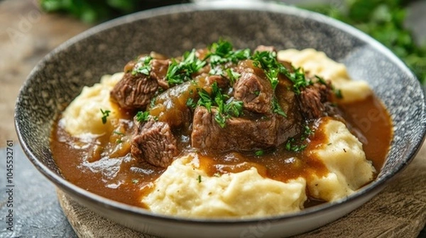 Fototapeta Savory Beef Stew with Creamy Mashed Potatoes