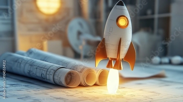 Fototapeta New Product Launch Represented by a Rocket Taking Off from a Blueprint