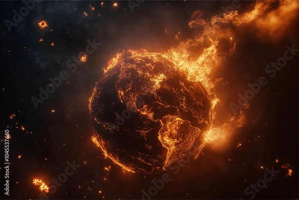 Fototapeta Global With Fire, burning in flames observed from outer space view