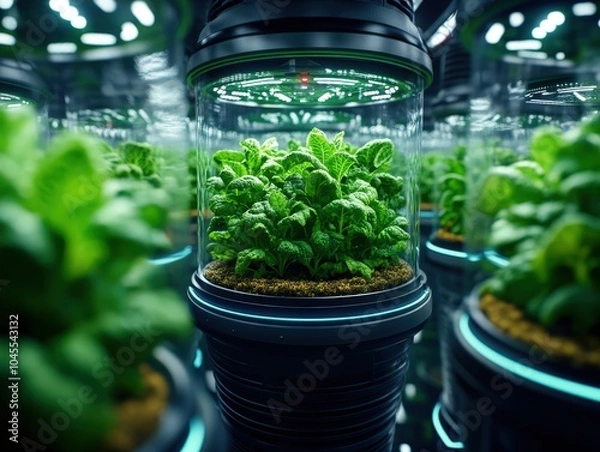 Fototapeta A futuristic capsule houses thriving green foliage, utilizing state-of-the-art technology to simulate ideal conditions, fostering lush plant growth indoors.