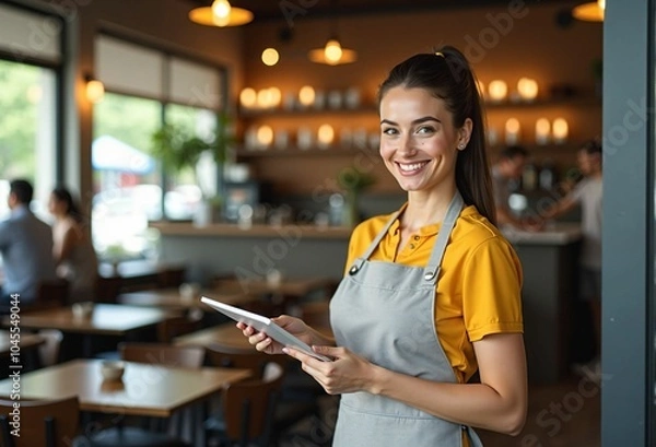Obraz Modern Cafe Operations: Smiling Waitress Using a Tablet to Streamline Service and Enhance Customer Experience with Digital Tools