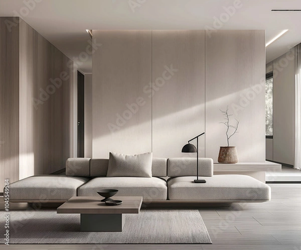 Fototapeta Aesthetic elegant minimalist modern interior design. Clear mock up empty wall for decoration in the apartment. Copy space in the room. Neutral palette of natural colors.