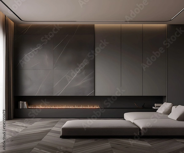 Fototapeta Aesthetic elegant minimalist modern interior design. Clear mock up empty wall for decoration in the apartment. Copy space in the room. Neutral palette of natural colors.