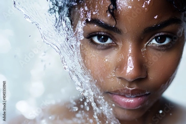 Fototapeta African american young woman with water droplets on her face .