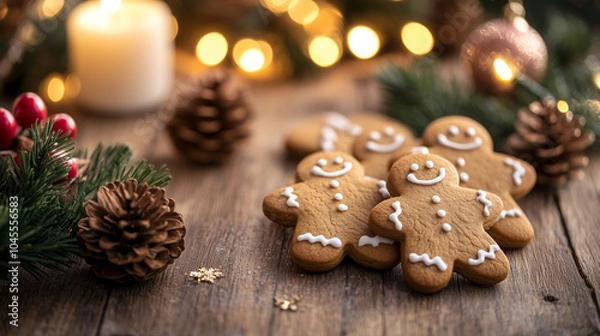 Fototapeta Festive Group of Gingerbread Cookies on a Wooden Table with Christmas Decorations