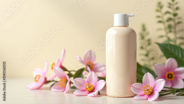 Fototapeta A sleek beige lotion bottle surrounded by delicate pink flowers and greenery, creating a fresh and inviting aesthetic ideal for skincare promotions.