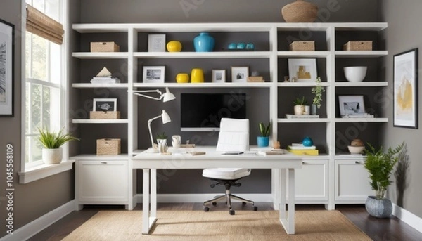 Fototapeta Modern home office with stylish desk and shelves, organized and functional workspace