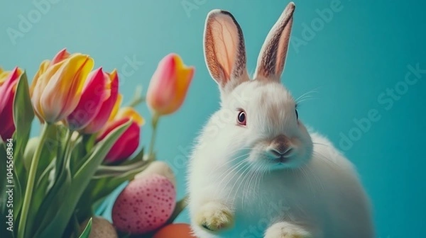 Obraz Easter Banner with Fluffy Bunny, Colorful Eggs, and Tulips on Blue Background – High-Quality Studio Photograph