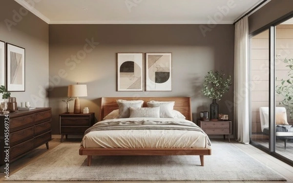 Obraz A bedroom with a bed and a lamp on the wall.