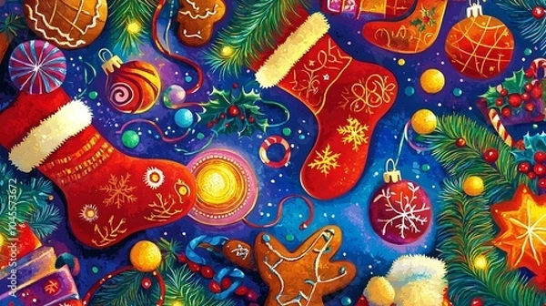 Fototapeta A vibrant holiday clip art illustration with stockings, gingerbread cookies, bells, and holiday lights, arranged in a fun and festive pattern on a bright background 