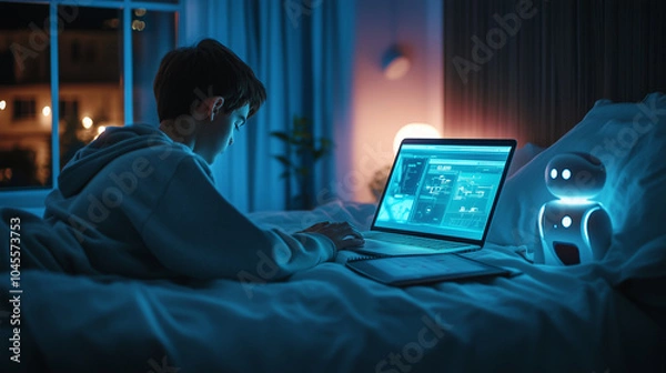 Fototapeta Teenager coding with a laptop at night, accompanied by a glowing AI robot, representing learning and development in artificial intelligence and technology. Image made using Generative AI.
