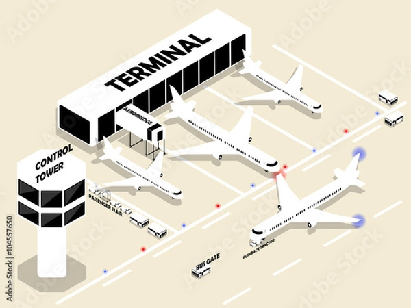 Fototapeta beautiful isometric style of airport with air plans, terminal, aerobridge, control tower and airport transport. Isometric airport building. Airport building with runway. Public transport.