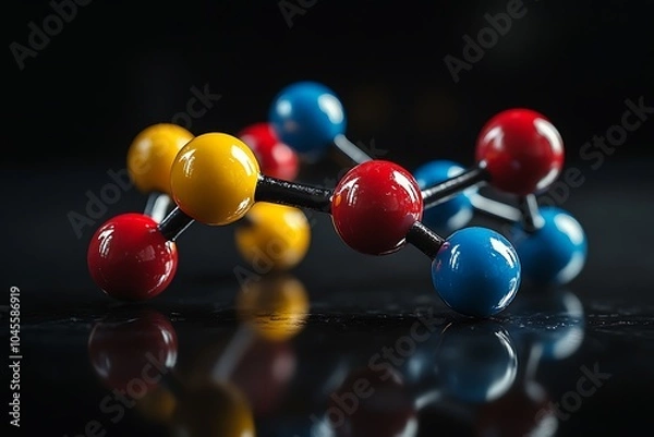 Fototapeta A colorful molecular structure model on a reflective black surface