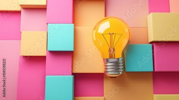 Fototapeta 3D render of yellow light bulb on colorful pastel background, banner for creative ideas
