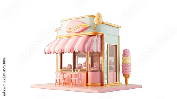 Fototapeta Whimsically designed 3D ice cream shop, side view on a transparent setting.