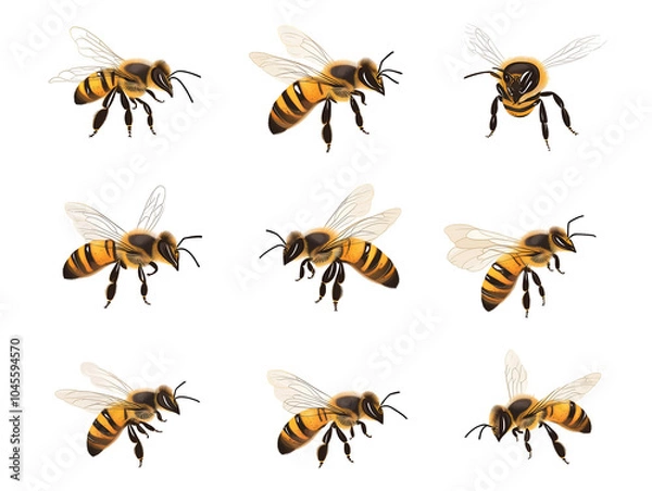 Fototapeta Collection set of honey bees flying isolated on transparent or white background, png