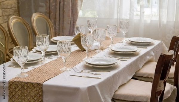 Fototapeta 고급스러운 도자기 접시가 테이블 위에 세팅되어 있다