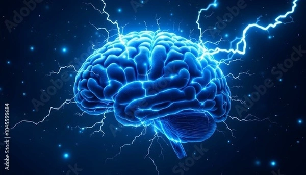 Fototapeta Human brain digital illustration. Electrical activity, flashes and lightning on a blue background. Digital Illustration of the Human Brain. Electrical Activity, Flashes, and Lightning on a Blue Backgr