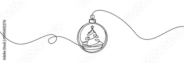 Obraz Christmas ball one line icon. Simple one continuous line drawing of  christmas bauble with christmas tree inside isolated on white background.Holiday christmas decoration.