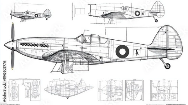 Obraz Schematic detailing of the Spitfire fighter aircraft in multiple views and configurations