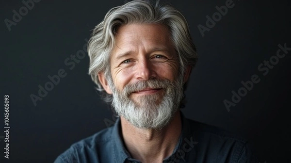 Fototapeta A man with a beard and gray hair is smiling