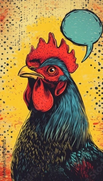 Fototapeta A vibrant Pop art style rooster with bold lines and a retro comic book speech bubble