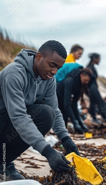 Obraz group of young black volunteers doing beach clean up 