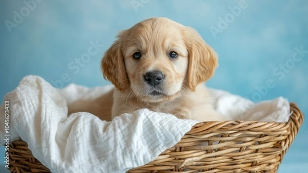 Fototapeta A playful golden retriever puppy in a wicker basket with soft white linen, set against a baby blue studio backdrop with soft light, copy space, cute pet portrait