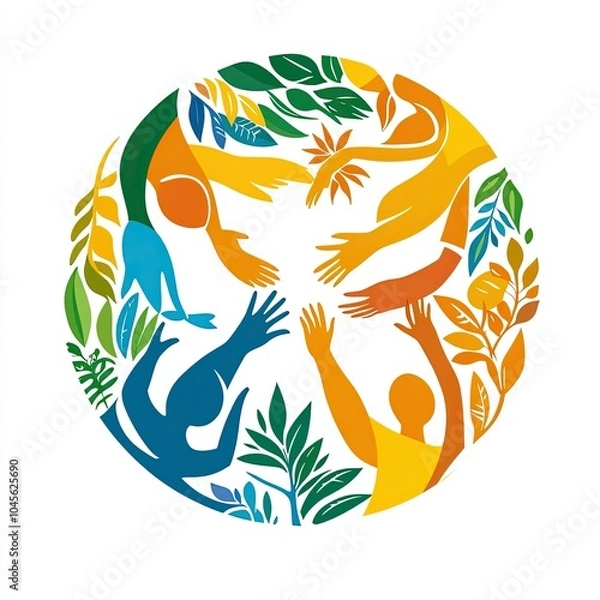 Obraz Modern design with symbols representing philanthropy, gender equality, equity, climate actions, and partnerships. Vibrant circular designs featuring hands and leaves symbolize unity and diversity.