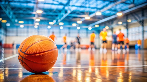 Fototapeta Basketball on the court with players in action and blurred background in a gymnasium