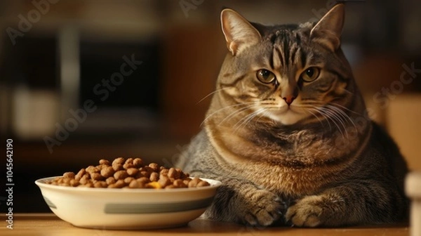 Fototapeta Cat Sitting by Bowl of Food with Serious Expression