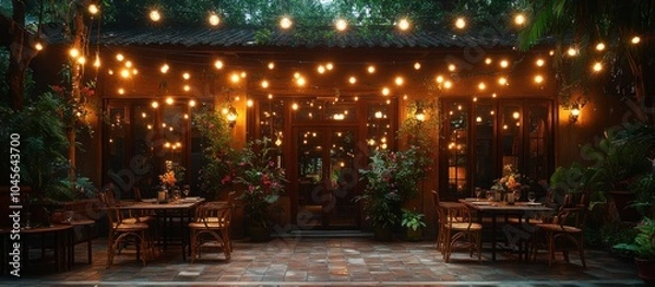 Fototapeta A cozy outdoor dining area illuminated with string lights and surrounded by lush plants.