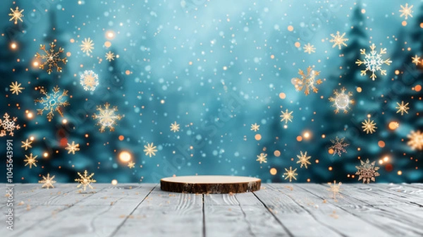 Fototapeta Winter scene with wooden podium, falling snowflakes, and glowing bokeh lights