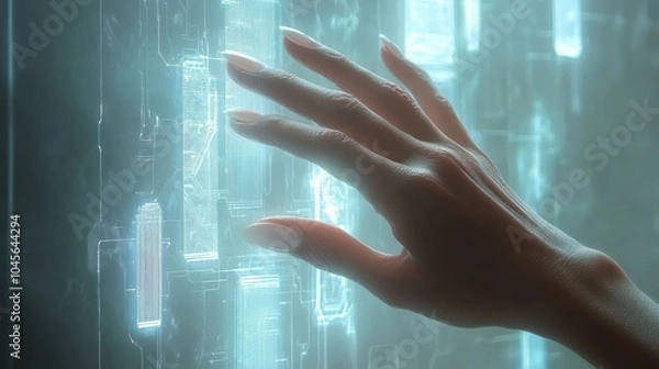 Fototapeta Woman hand touching Digital transformation conceptual for next generation technology era.