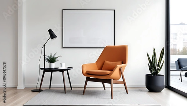 Fototapeta armchair sits white wall surrounded modern furniture large frame poster scandinavian style setting