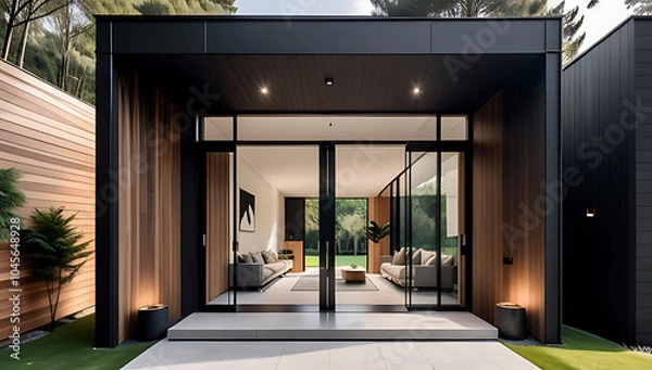 Fototapeta black panel doors timber wood lining modern forest villa entrance surrounded beautiful landscape designs minimalist interior decor