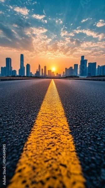 Fototapeta Sunset view of Toronto skyline with the CN Tower from a wide road in the foreground